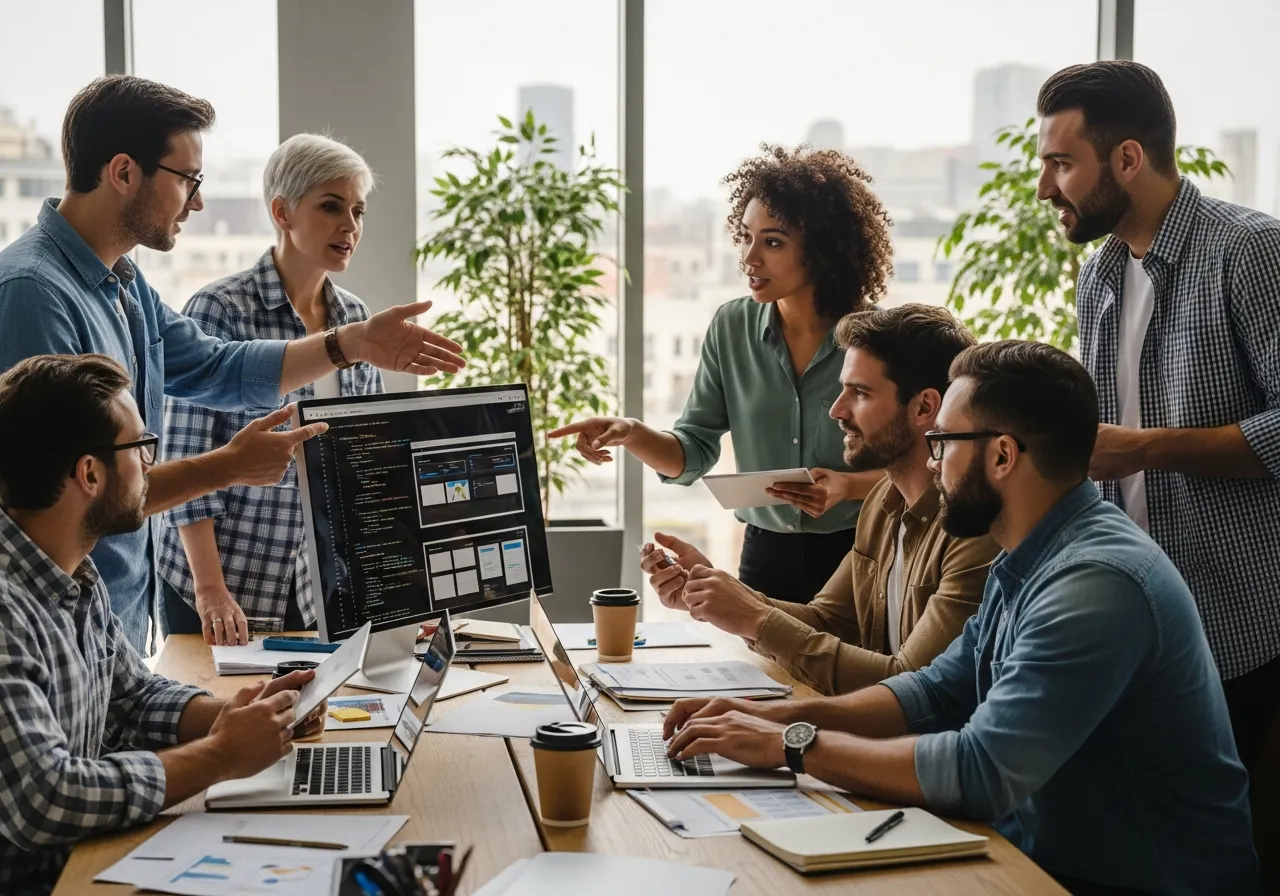 Team collaborating on web development project